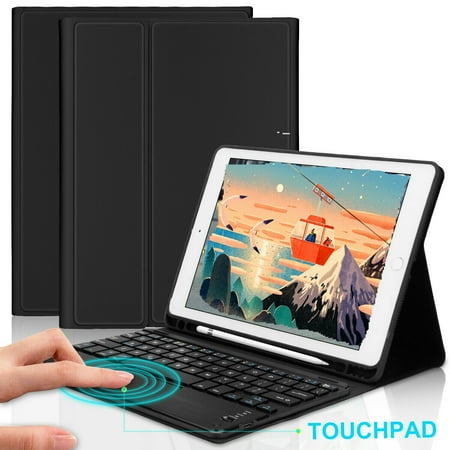 Kvago for iPad 7th & 8th Generation 10.2 TPU Keyboard Case With Keyboard Touch-Pad Built-in Apple Pencil Holder Black