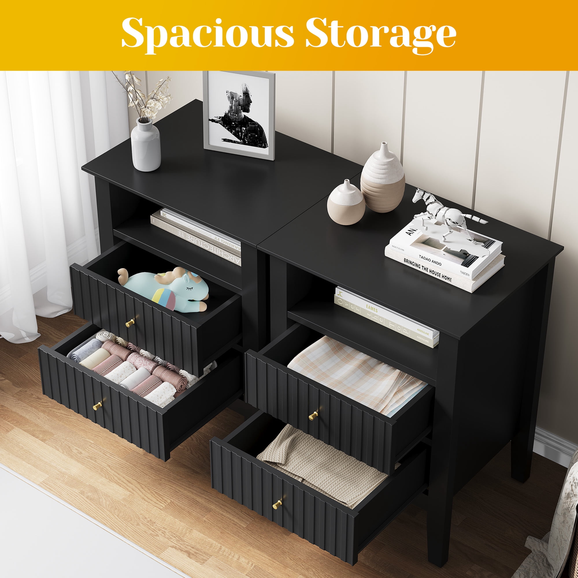 CozyHome Fluted Nightstand Set of 2, Modern Side Table with 2 Drawers and Storage Shelf, for Bedroom, Living Room, Black