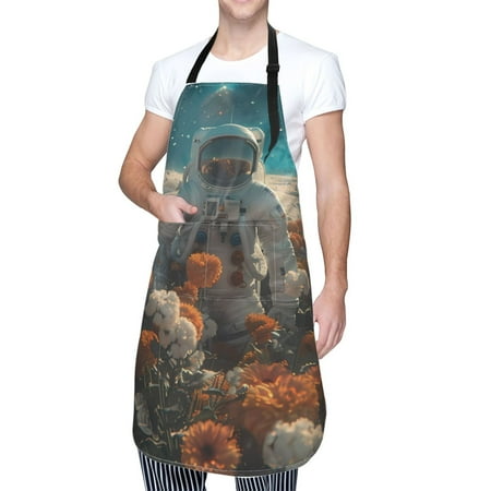 

Kdxio Astronaut Flower Field Apron with Pockets Adjustable Kitchen Aprons for Men Women Waterproof Aprons for Cooking Drawing Crafting Baking Household Cleaning