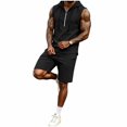 thumbnail image 2 of Mens 2 Piece Linen Outfits Sleeveless Hooded Tops Comfortable Shorts Workout Set Gym Tracksuit Sweatsuits Black XXXL, 2 of 5