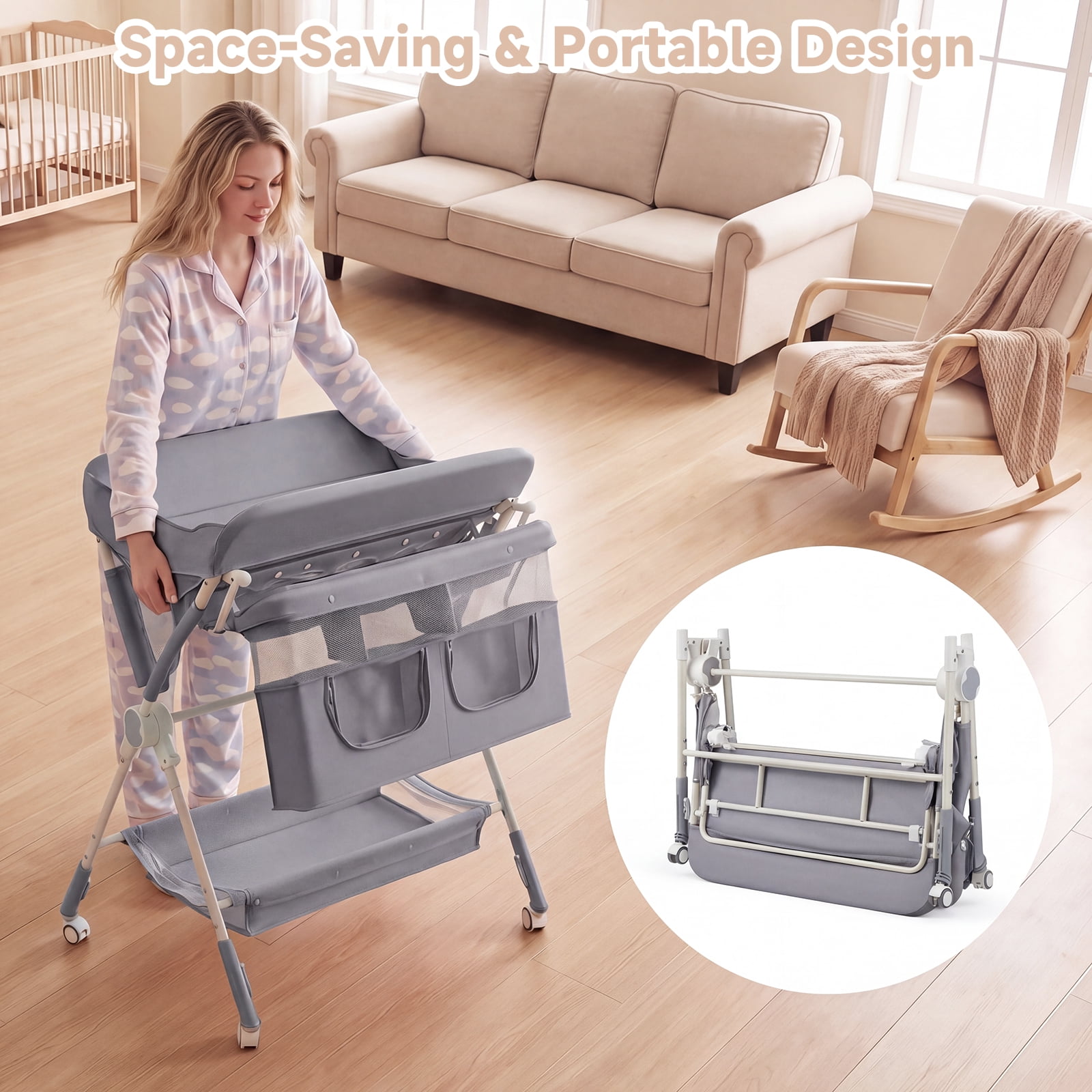 INFANS Portable Baby Changing Table with Wheels, Foldable Diaper Changing Station with Adjustable Heights, Large Organizer Storage for Newborn Infant