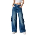 thumbnail image 2 of Kttectoa Jeans for Women Oversise High Waist Zipper with Button Fashion Blue Washed Denim Multi Functional Pocket Workwear Wide Leg Jeans, 2 of 5
