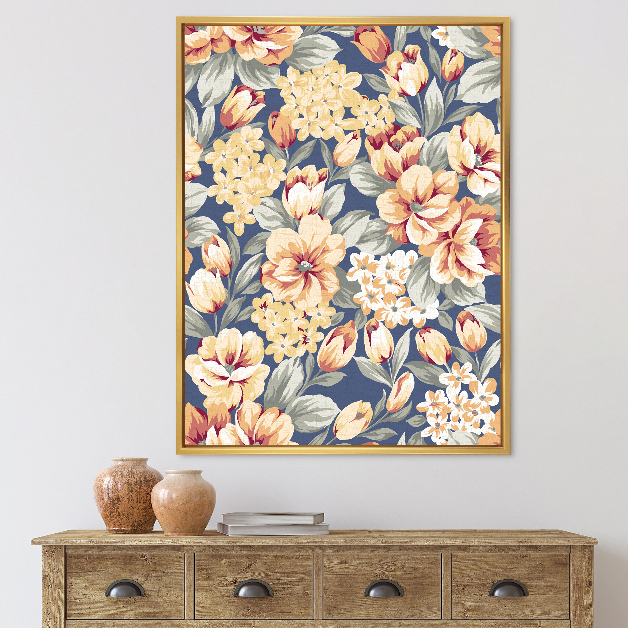 Designart 'Vintage Orange and Yellow Flowers' Traditional Framed Canvas Wall Art Print