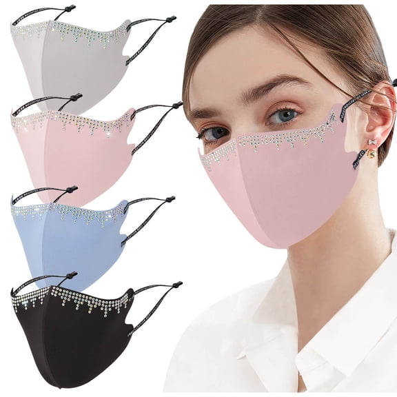Minjewel Ice Silk Face Mask with Rhinestones - Women 3D Sparkly Design, Breathable, Soft, Lightweight, Fashionable for Party, Travel, Daily Use,Black