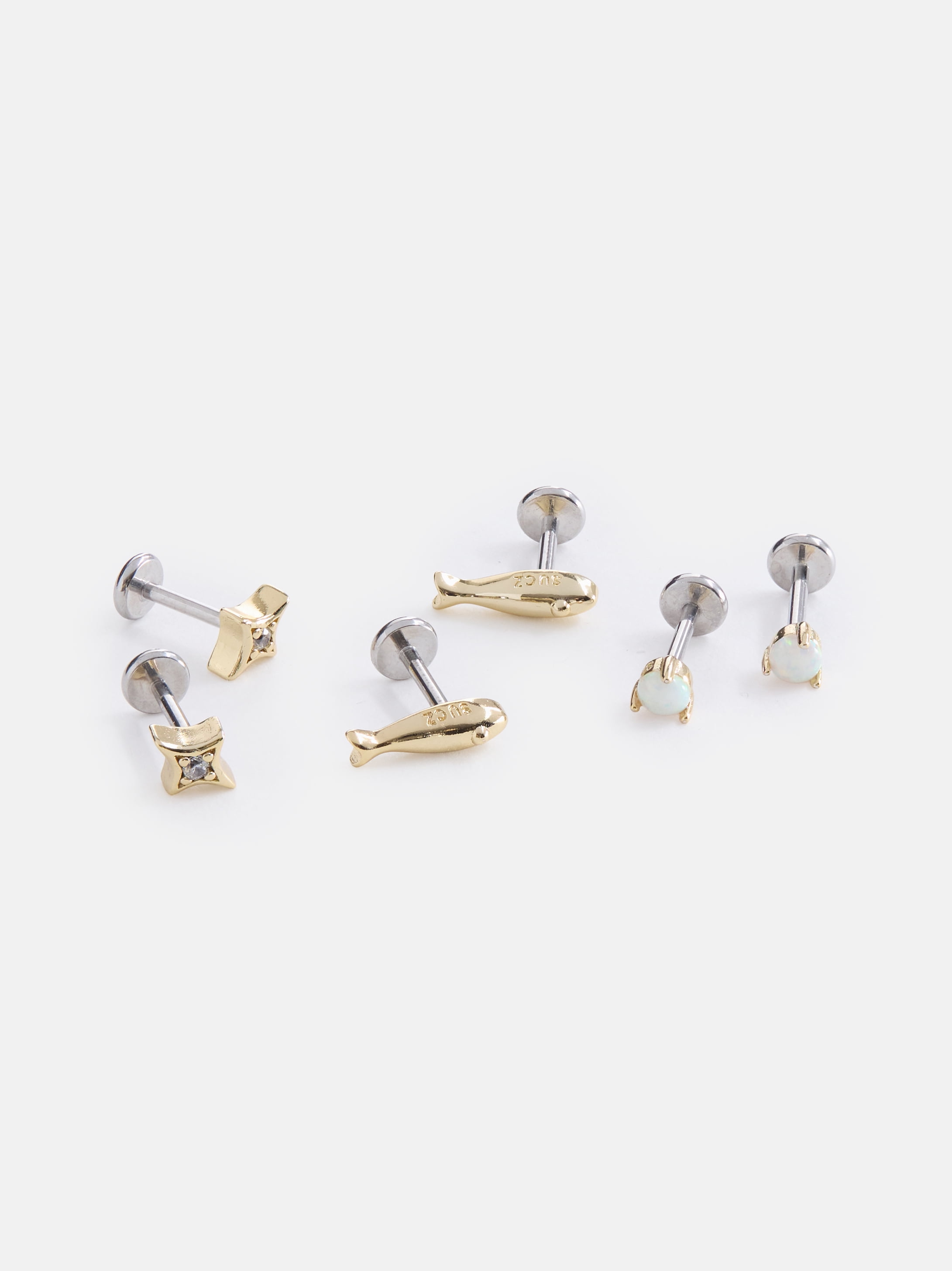 Free Assembly Women's Demi Fine 14K Gold Plated Cubic Zirconia and Simulated Opal Flat Back Stud Earrings Set, 3-Pairs