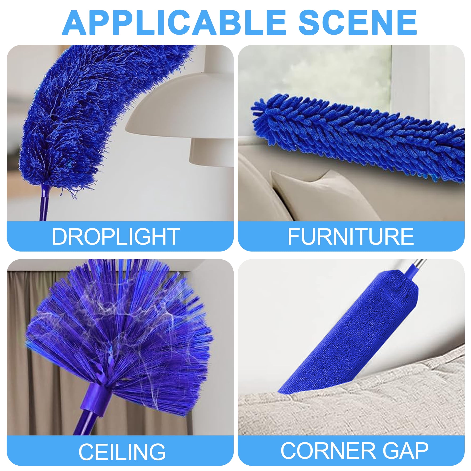 GARITIN Dusters for Cleaning, Cobweb Duster with Extension Pole, Ceiling Fan Cleaner Duster, Extendable Microfiber Duster for Ceiling Fan Blades Spider Web with Long Handle, Blue