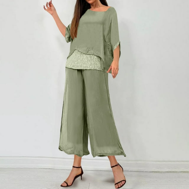 Karight Two Piece Sets for Women Chiffon Batwing Short Sleeve Sequin Shirt Wide Leg Pants Loose Evening Formal Dress Outfits