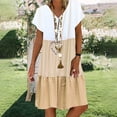 thumbnail image 2 of CHOK Robe Mini Décontractée pour Femme Grande Taille Été Ample Mode Patchwork Col en V à Rayures à Pois Manches Courtes Volant Ourlet à Étages en Lin Robe de Plage Soleil en Liquidation, 2 of 5