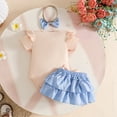 thumbnail image 4 of Newborn Girls One Piece Romper Cute Comfy Onesies With Bow Shorts & Headband Short Sleeve Crew Neck Jumpsuit (9-12 Months, Blue), 4 of 8