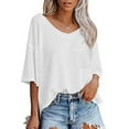 thumbnail image 5 of Women's Knit Short Sleeve Top Summer Loose Solid Blouse Casual V Neck 3/4 Sleeve Shirt, 5 of 5