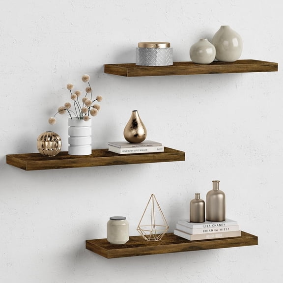 Rustic Wood Floating Shelves for Wall Set of 3, 24 Inches Long Wooden Hanging Shelves for Bedroom Books, Large Wall Mounted Shelves for Kitchen, Living Room, Closet Storage(Dark Brown)