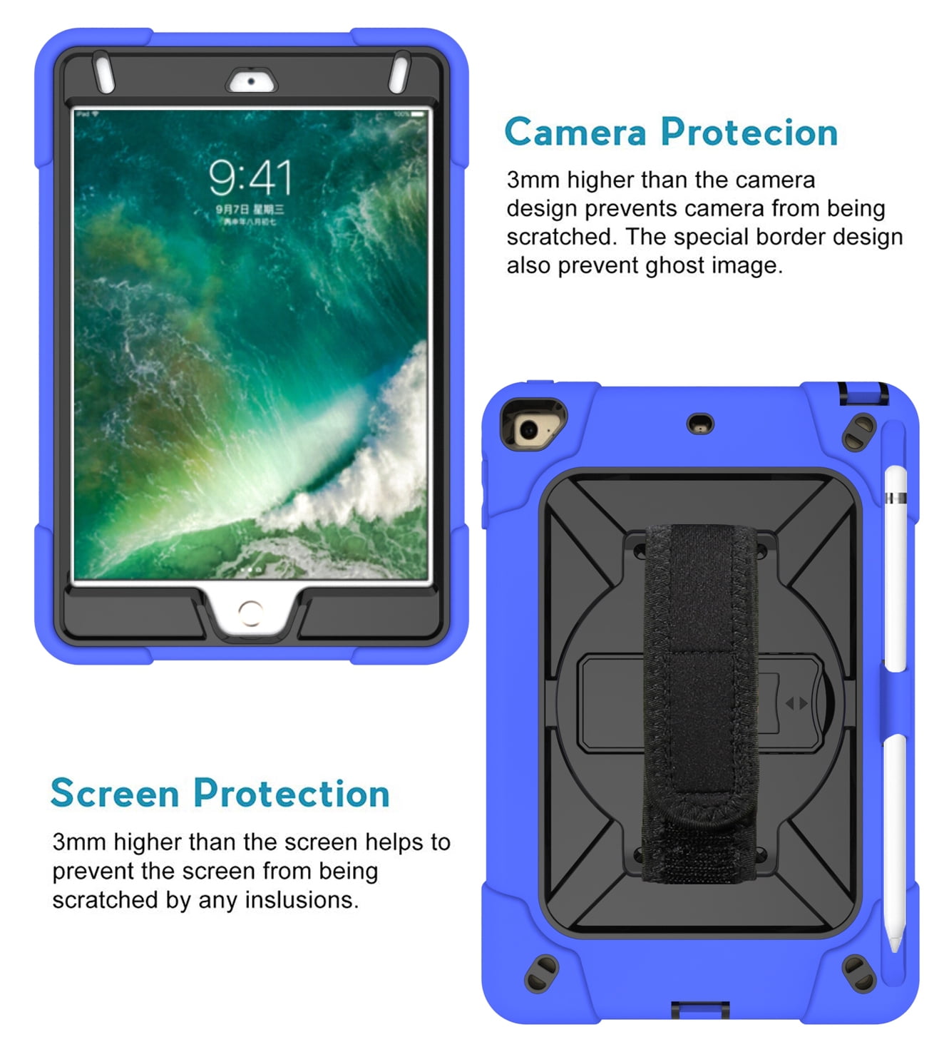 iPad Air 2 Case, iPad Pro 9.7" Case,Allytech Heavy Duty Shockproof Protective Covers with 360 Rotate Stand /Hand Strap/ Should Belt /Pencil Holder Covers for Apple iPad Air 2/ Pro 9.7",Darkblue/Black