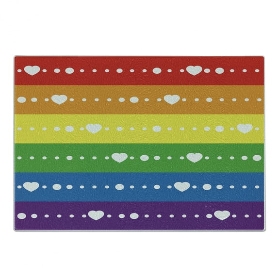 Pride Cutting Board, Horizontal Striped Flag Design with Gay Parade Colors and Little Hearts Dots, Decorative Tempered Glass Cutting and Serving Board, Small Size, Multicolor, by Ambesonne