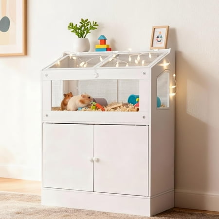 Hamster Cage with Storage Cabinet Clear Acrylic Small Animal Enclosure Ventilated Habitat for Gerbils Rats Guinea Pigs Transparent Pet Cage with Cabinet Base
