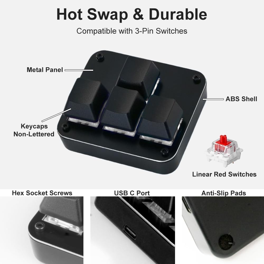 Mini 4-Key Mechanical Gaming Keypad – Programmable WASD Arrow Pad, Hot Swappable Red Switches, Metal Panel, Win/Mac Compatible