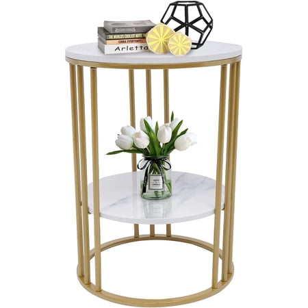 Miumaeov 2 Tier Round Sofa Side End Accent Table Living Room Marble Coffee Table Gold