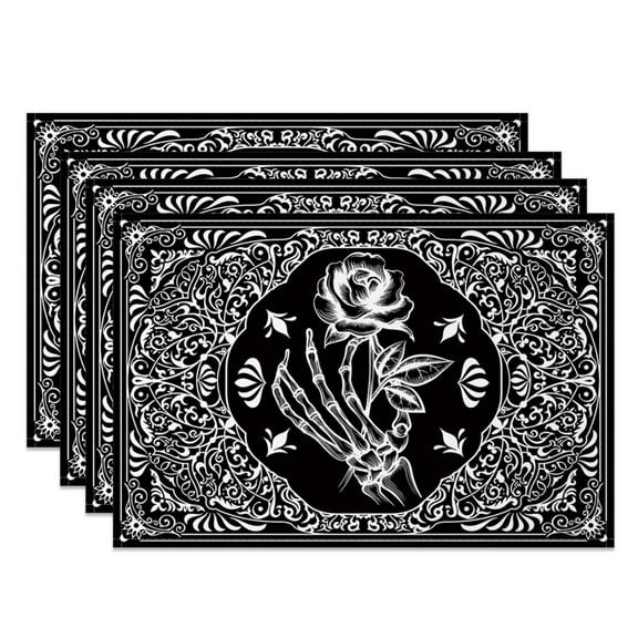 SUNOLIFE Halloween Skeleton Placemats Set of 4,Black Horror Skull Fabric Table Place Mats 12x18 inch