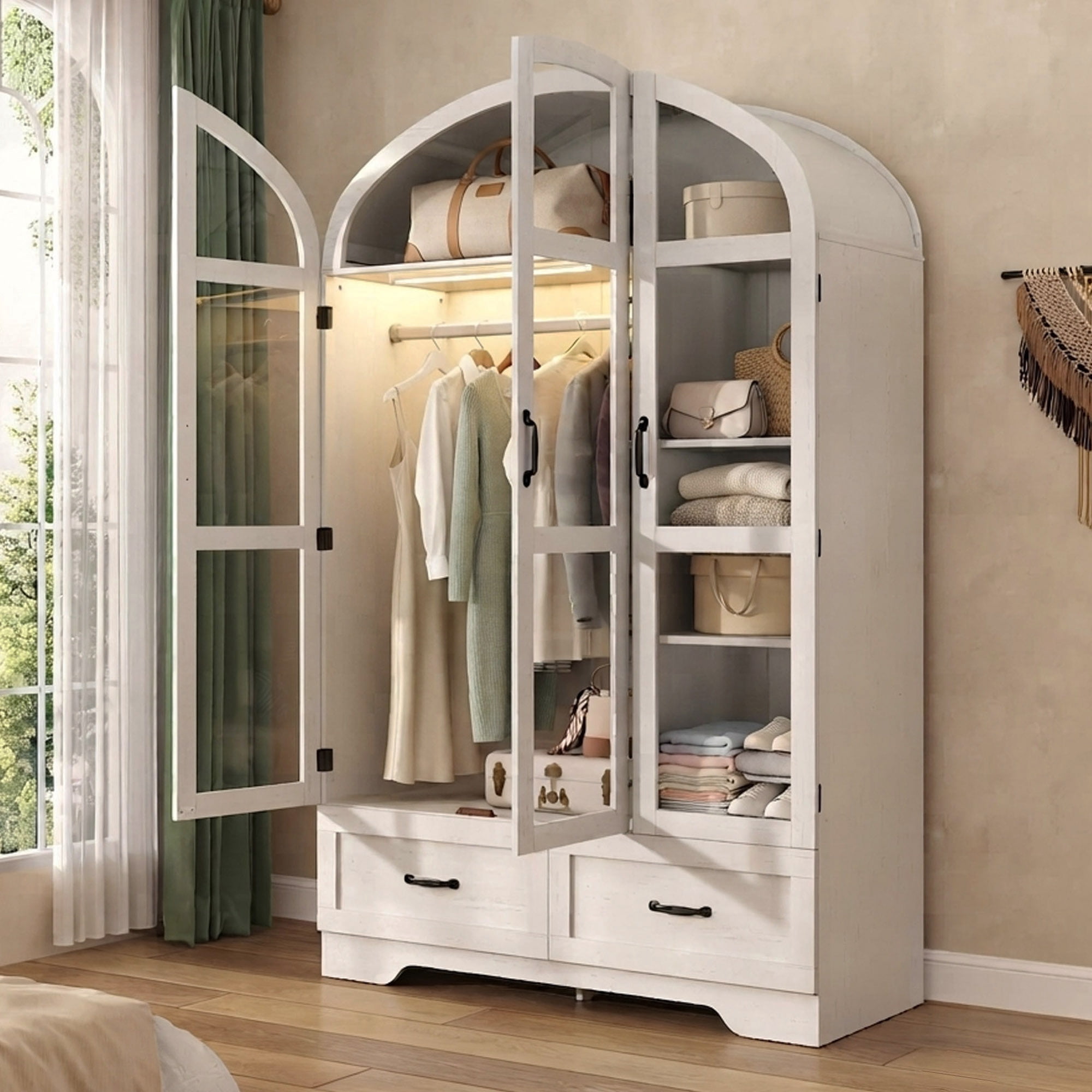 Blotout 75" Tall Armoire Wardrobe Closet with Arched Glass Doors, LED Light, Hanging Rod, Drawers and Storage Shelves, Large Clothes Organizer, Bedroom Storage Cabinet