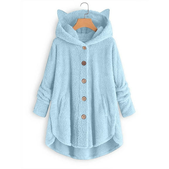 Womens Cute Fuzzy Fleece Hoodies Plus Size Long Sleeve Button down Jackets Fall Winter Warm Outerwear New Running Jackets for Women Light Blue 3XL