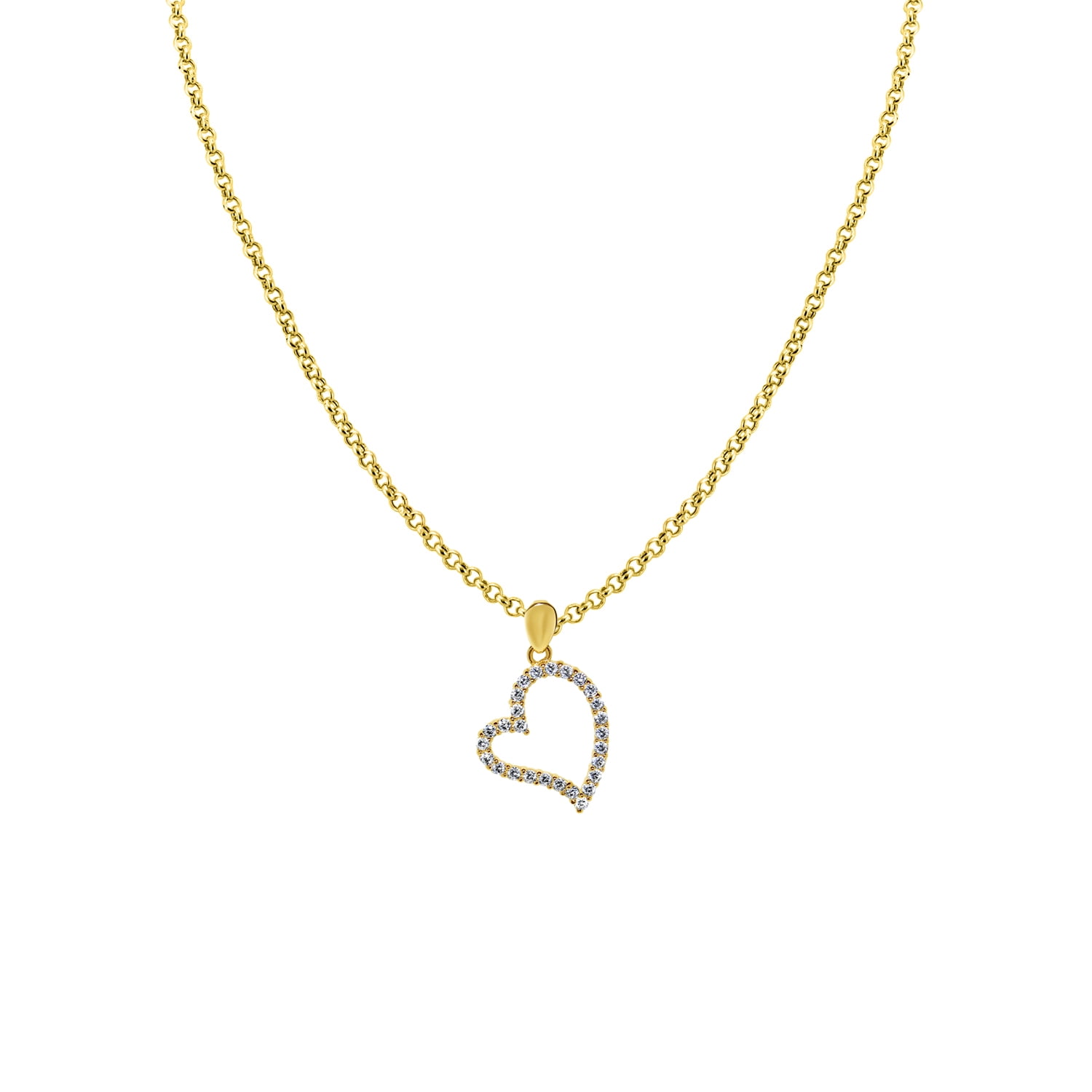 The World Jewelry Center 14k Yellow Gold Open Heart CZ Pendant with 1.2mm Cable Chain Necklace