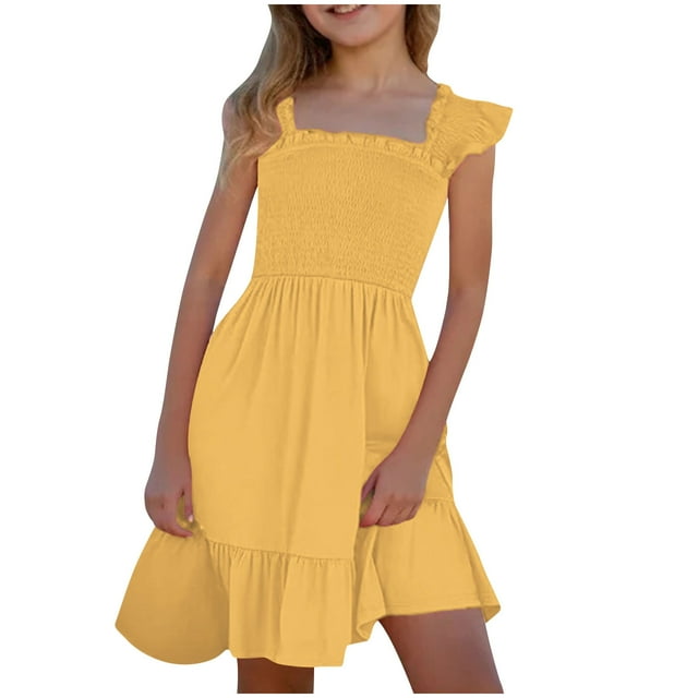 Robes d'Été Décontractées pour Filles Nouvelles Robes d'Été Mignonnes à Double Couche Manches à Volants Robe Fluide Style B-8 Jaune 11 Ans