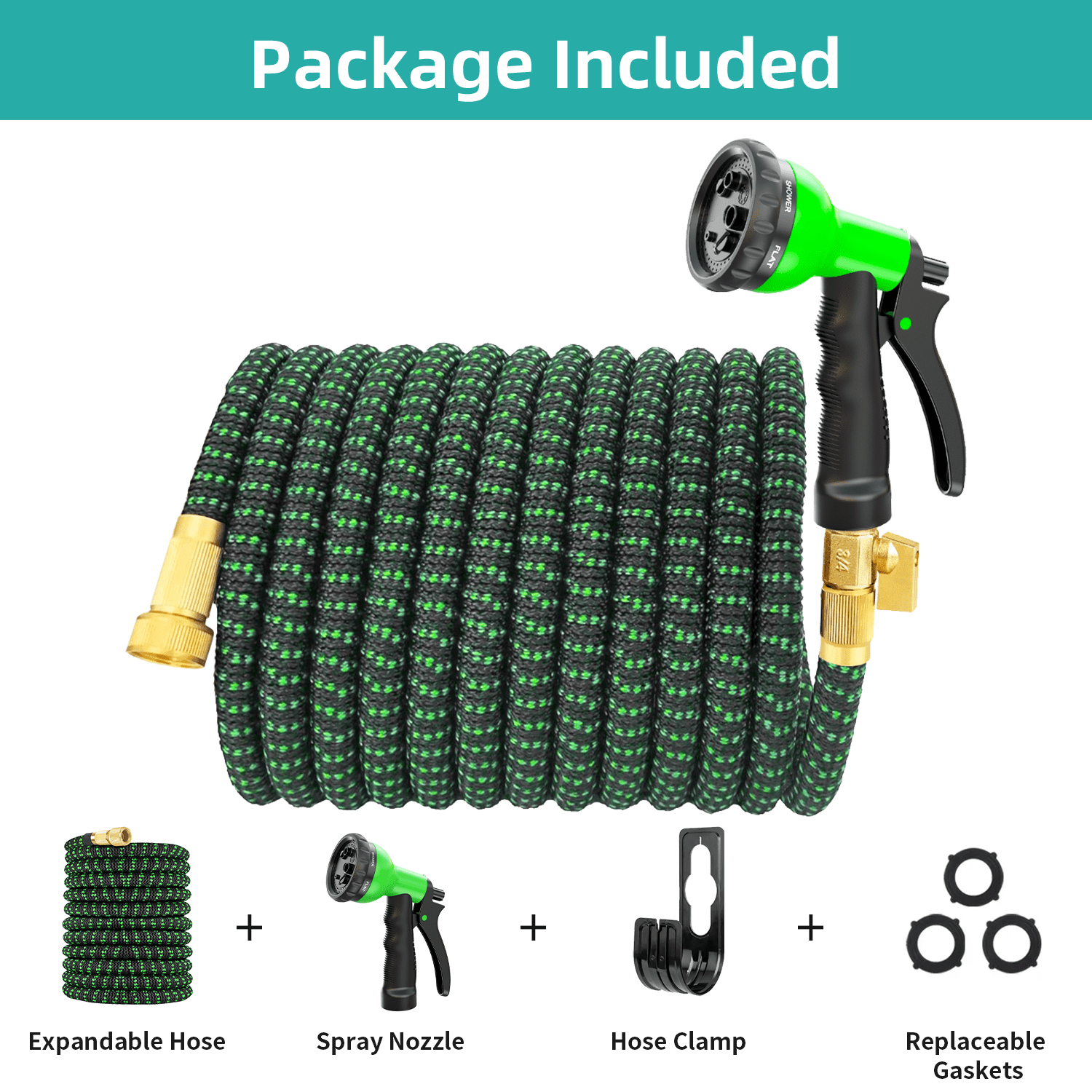 SUNDAN Expandable Garden Hose 50ft No Kink Flexible Water Hoses for Outdoor with 8-Pattern Spray Nozzle(Black/Green)