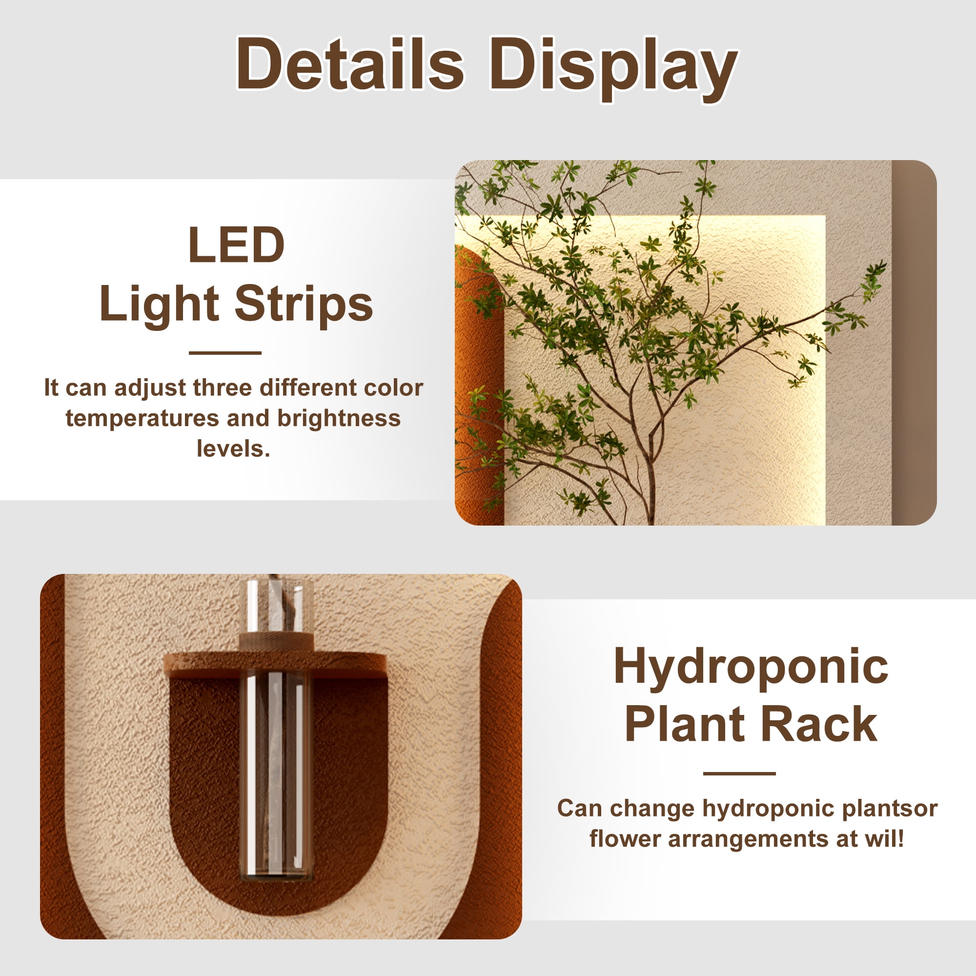Aukfa 3D Sandstone Wall Art with Artificial Green Plants, LED Wall Decor with Glass Vase & Rabbit Statue, Remote Control for Living Room/Bedroom