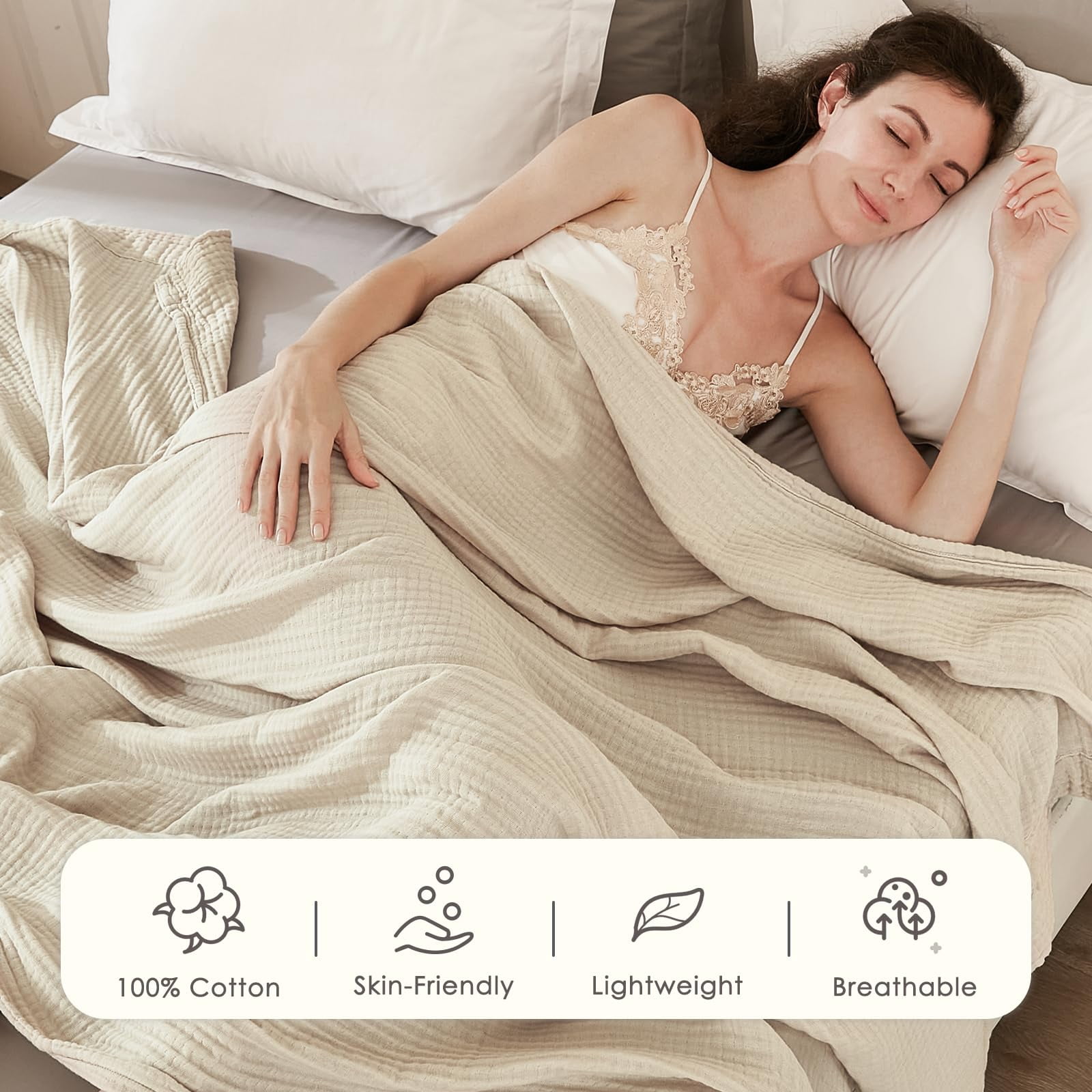 EMME Muslin Throws Blankets for Adults 50"x70" Lightweight Soft Breathable  100% Cotton For Summer Gauze Bed Blanket, Light Tan,Large throw