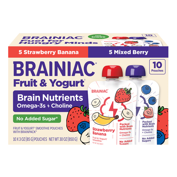 Brainiac Fruit & Yogurt with Omega-3s, Variety Pack, No Sugar Added, 3 oz, 10ct