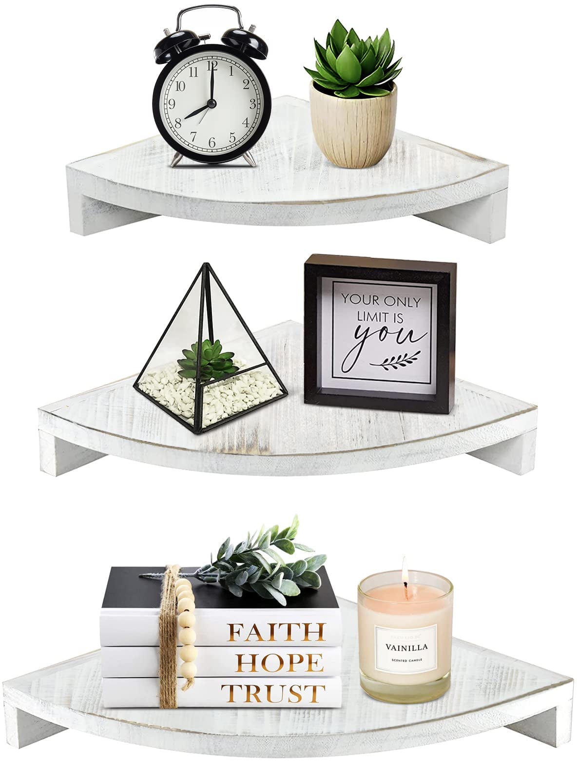 SOLLASI Rustic White Floating Corner Shelves Set of 3, Farmhouse Wooden