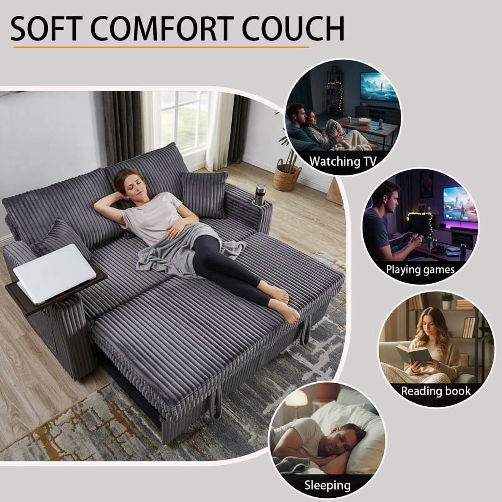 Howcool 65" 3-in-1 Convertible Sleeper Sofa Bed, Corduroy Pull Out Loveseat Futon Couch with Cup Holders & USB Charging Ports for Living Room Apartment, Dark Grey