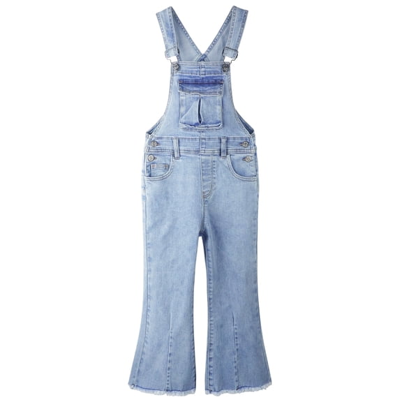 KIDSCOOL Girls Denim Jeans Shortalls Jumpsuit Ripped Raw Hem Overall Shorts,Blue,3-4 Years