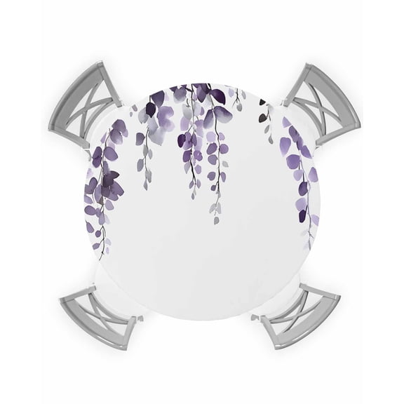 nqOlkjepod Purple Eucalyptus Leaves Round Tablecloth, Fitted Table Cover with Elastic for 45"-54" Round Tables, Watercolor Summer Botanical Table Cloth Outdoor Dinning Party Waterproof Tablecloths