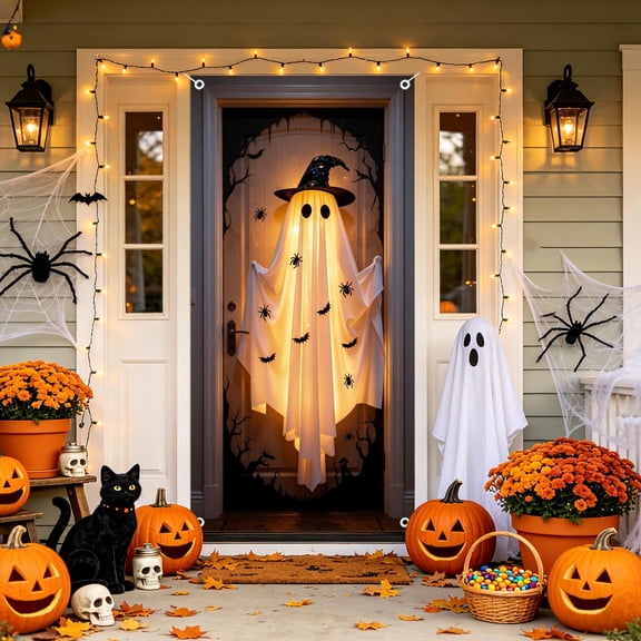 Halloween Door Cover 35x72 Inch, Spooky Glowing Ghost Door Banner, Front Porch Hanging Curtain Decor for Party Wall, 1 Pack
