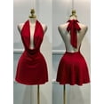 thumbnail image 4 of Burgundy Solid Plunging Cowl Neck Halter Tie-Back Mini Dress Summer Elegant, 4 of 4
