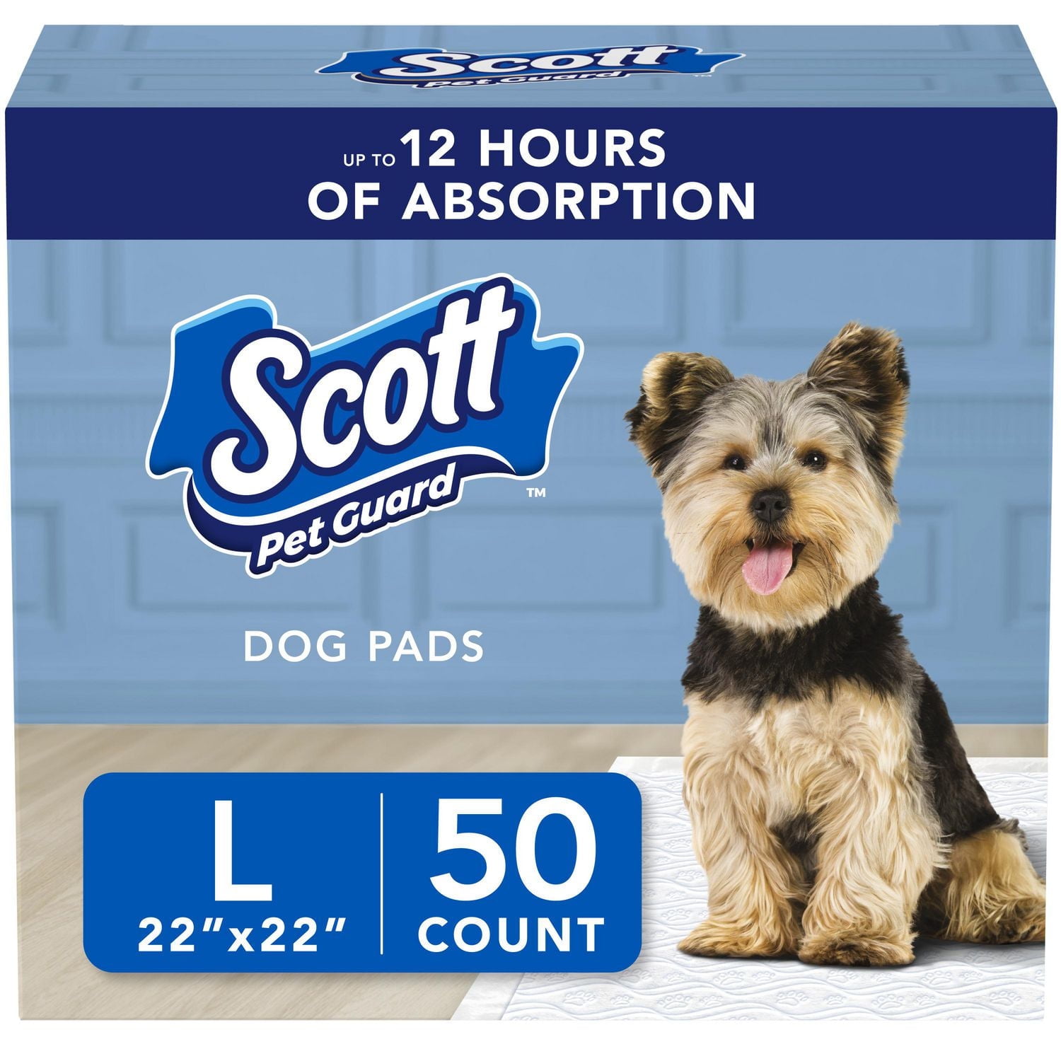 Scott Pet Guard Dog Pads - Dog Training Pee Pads for Puppies, Medium & Large Dogs - Up to 12 Hour Absorbent odour Control - Easily Disposable Dog Pee Pads - Size Large - 22" x 22" - 50 Pack
