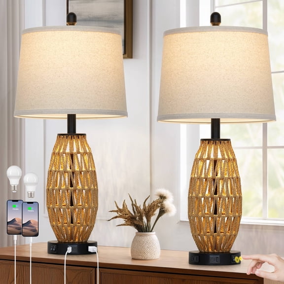 Cinkeda 27" Rattan Table Lamps Set of 2 with Night Light, USB A C Charging & AC Outlet, Boho Coastal Woven Wicker Nightstand Light for Farmhouse Bedroom