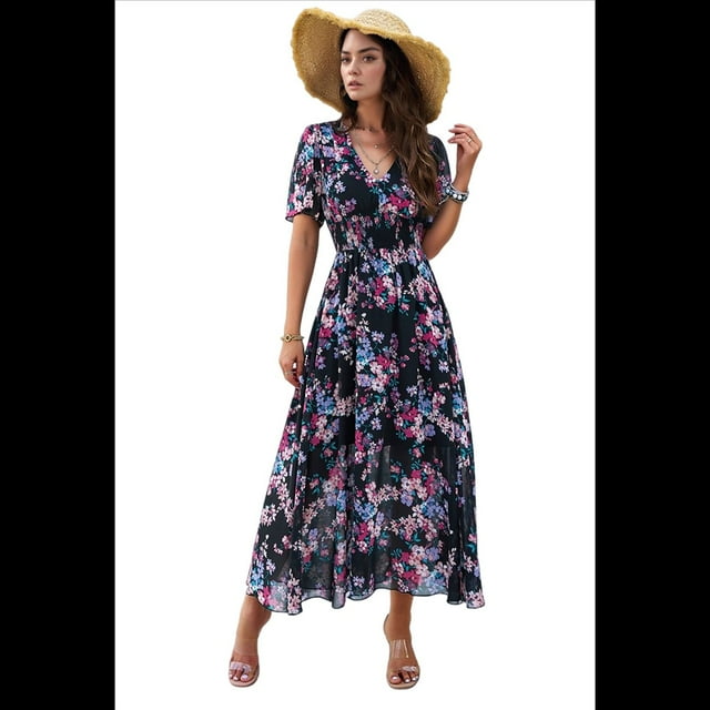Vestido Cruzado de Verano para Mujer, con Cuello en V, Floral, Corta, para Invitadas de Boda, Informal, para Fiesta Negro L