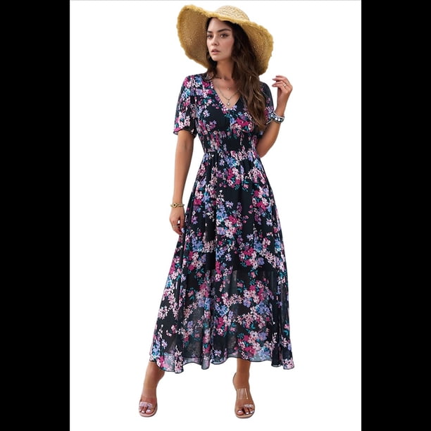 Vestido Cruzado de Verano para Mujer, con Cuello en V, Floral, Corta, para Invitadas de Boda, Informal, para Fiesta Negro M