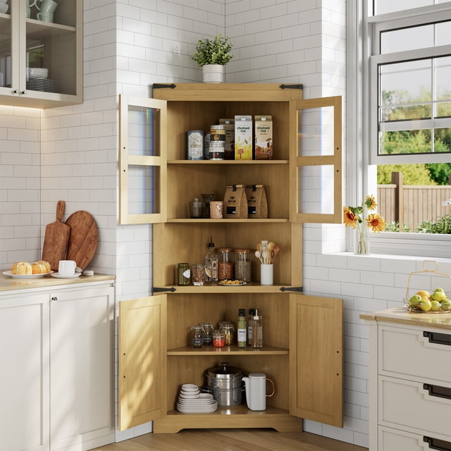 Gabinete de Esquina Alto – Estilo Granja – Puerta de Vidrio y Estantes Ajustables – Ahorra Espacio – Sala, Cocina y Baño