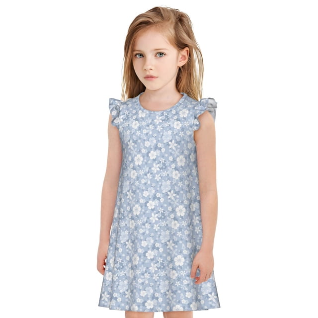 Balery Gray White Floral Camisón de princesa para niñas, pijama de algodón con mangas abullonadas, suave y bonito.-Medium