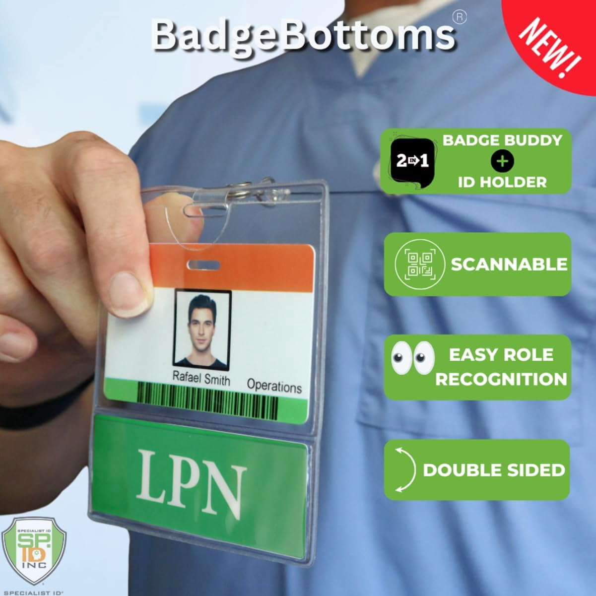 LPN BadgeBottom Horizontal LPN Badge Buddy & LPN Badge Holder Combo - Heavy Duty 2 in 1 Badge Bottom I’D Nursing Accessories - Double Sided Clear Sleeve by Specialist ID
