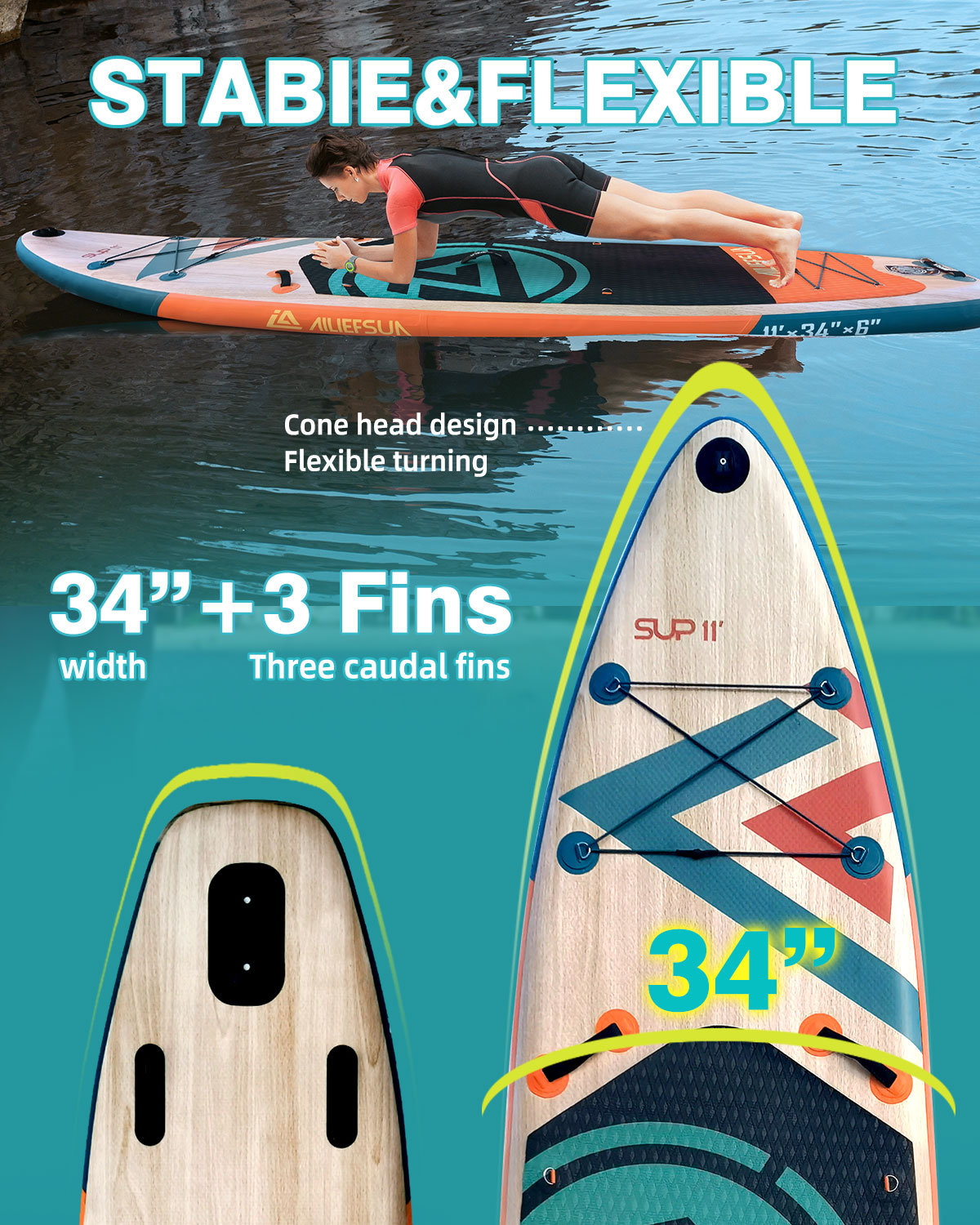 Electric Pump Wood Grain, 11'*34”*6“Ailiefsun Stand Up Paddle Board Inflatable Stable Sup Board with Fishing Paddleboards Accessories for Adults Youth Wide Non-Slip Deck Surfboard