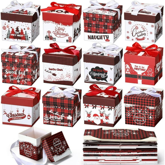 MY 36 Pcs Christmas Gift Boxes with Lids Small Squared Boxes with Ribbon Bow 4x4x4 Inch for Christmas Party Favor Present Packaging Xmas Holiday Gift Wrap, 12 Designs(Plaid Style)