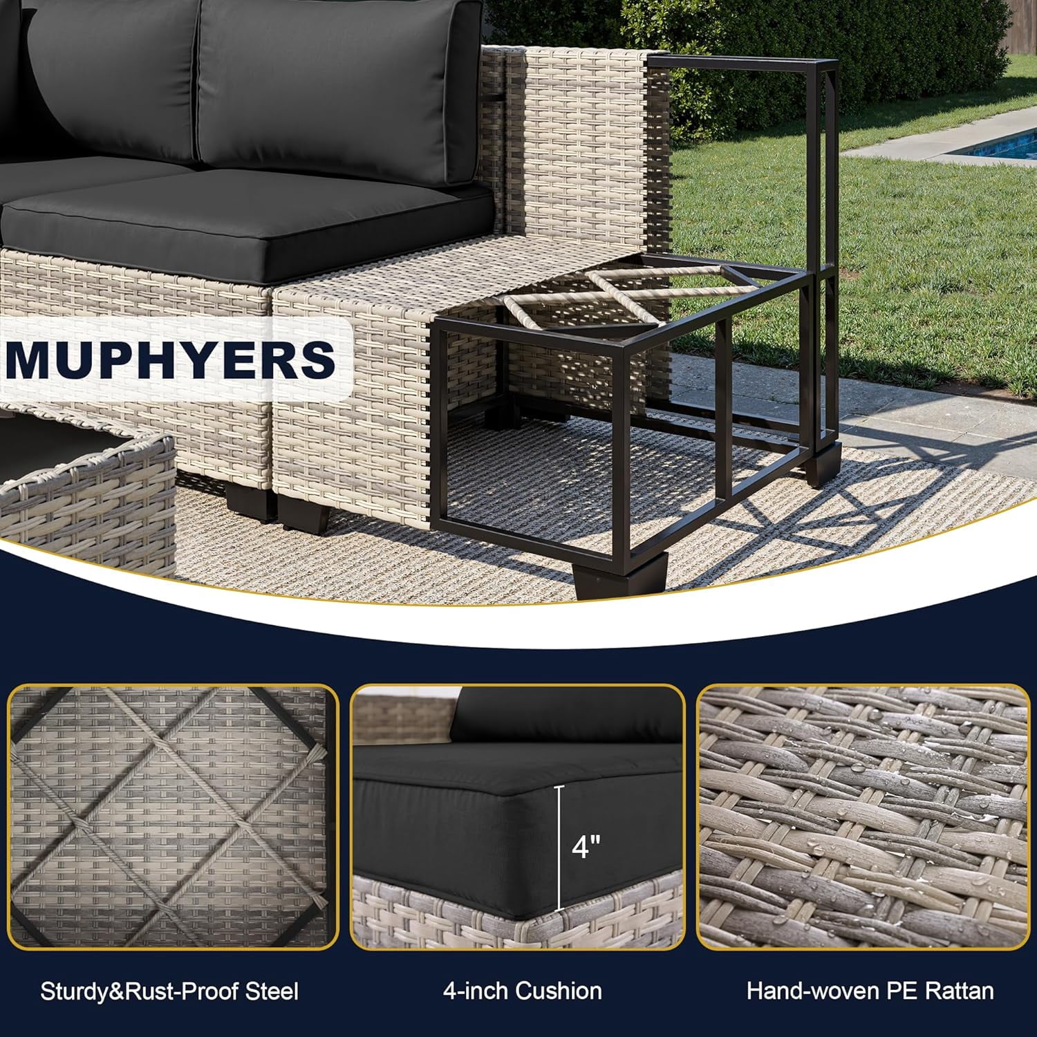 14-Piece Outdoor Patio Furniture Set with Rocking Swivel Chair, Wicker Rattan Sectional Sofa Conversation Set with 55,000 BTU Fire Pit Table, Backyard Furniture,Dark Grey
