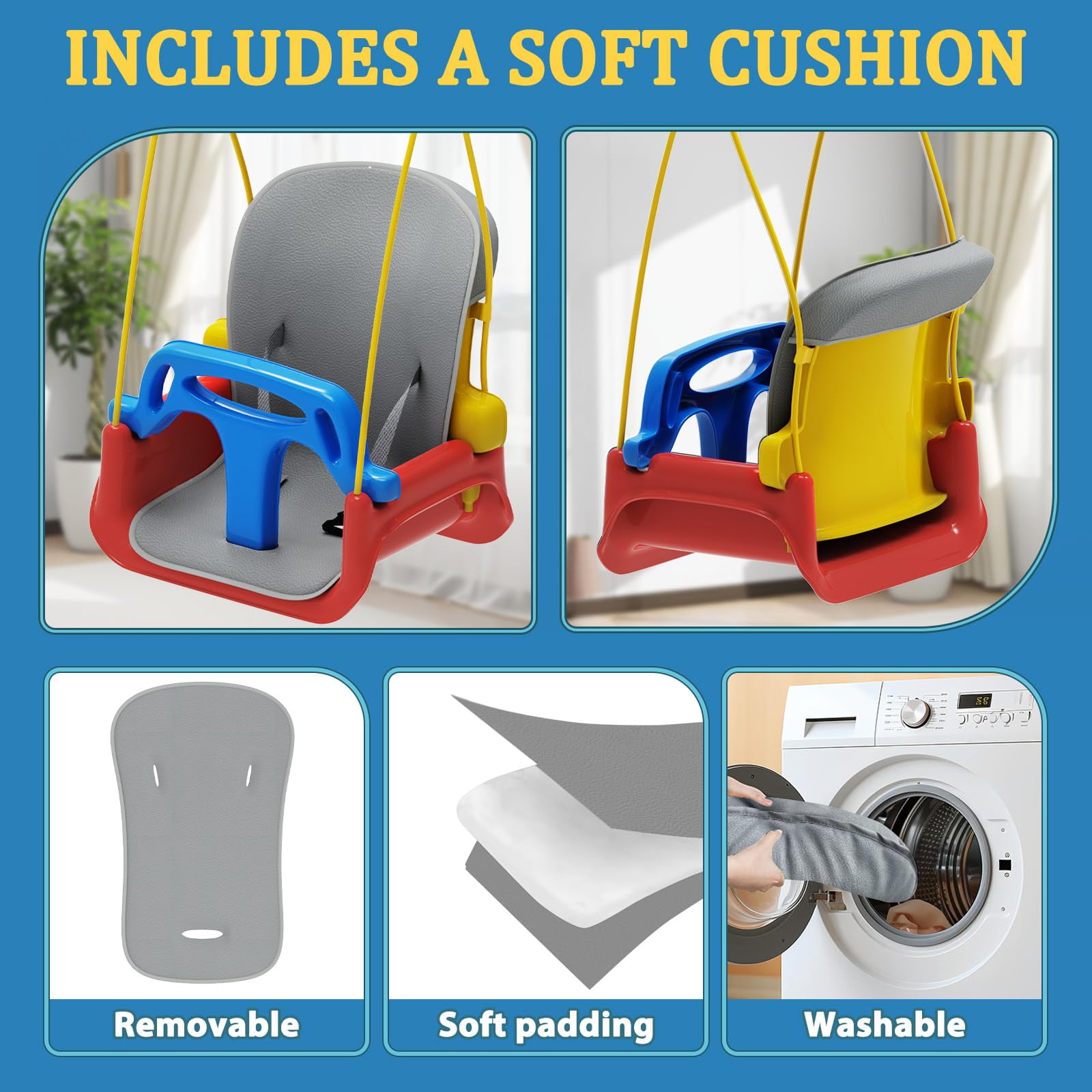 G TALECO GEAR Foldable Toddler Swing with Soft Cushion, 2 in 1 Swing Sets for Backyard, Blue