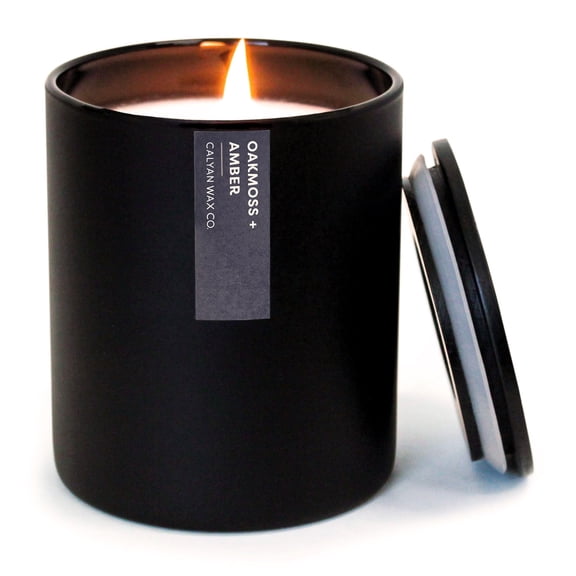 Calyan Wax Co. Oakmoss & Amber Scented Candle - 75 Hour Burn - Luxury Clean Soy Wax Candles - Long Lasting Black Tumbler Jar Candle for Home - 10.2oz
