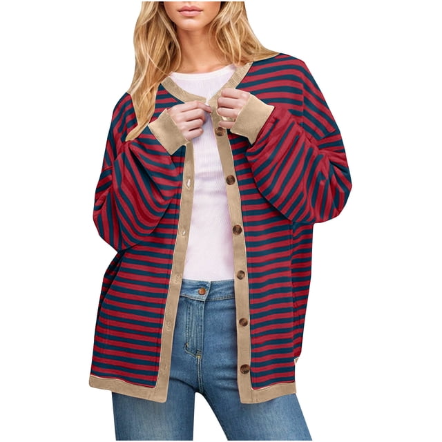 LOVZFMLL Vestes pour Femmes Mode Cardigan à Rayures à Blocs de Couleur Décontracté Mode Haut/chemise à Manches Longues à Col Rond Veste/veste à Capuche Décontractée à Manches Longues