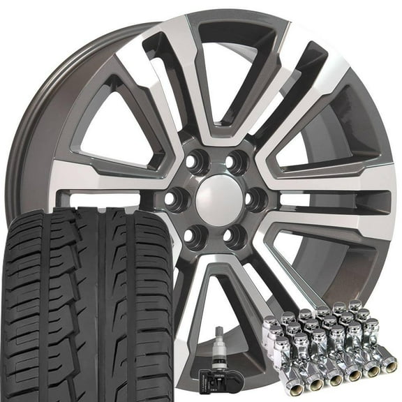 OE Wheels CV44 22 Inch Rims and Tires Fit Yukon Denali Style 6x139.7 22x9 Gloss Gunmetal Machined - Hollander 5822 - iMove Gen 2 SUV 285/45-22 (Set of 4)