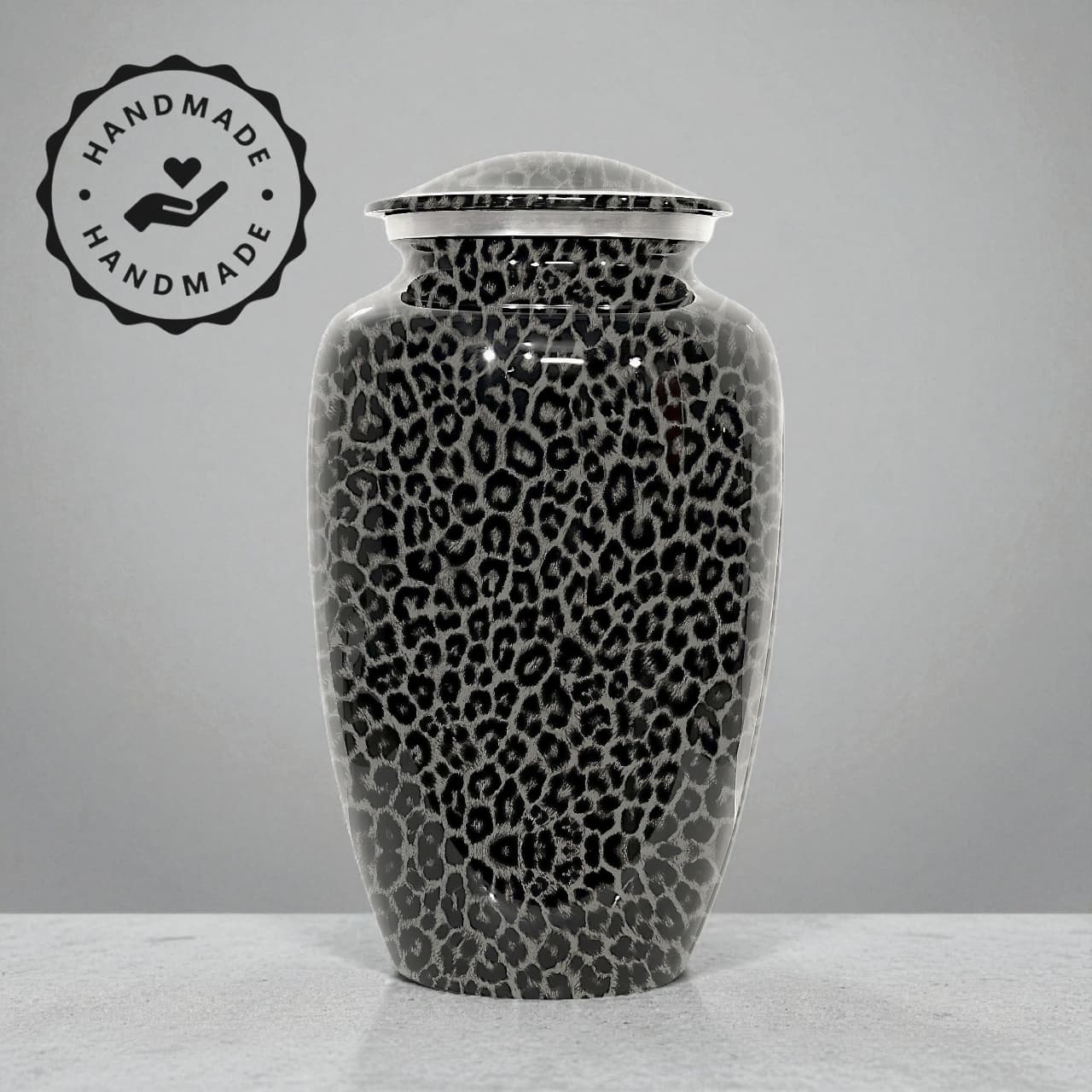 Elegant Cremation Urn For Human Ashes,  Adult Size Urn For Ashes, Grey Leopard Print Pattern, Holds Upto 200 cubic Ashes, With Velvet Bag